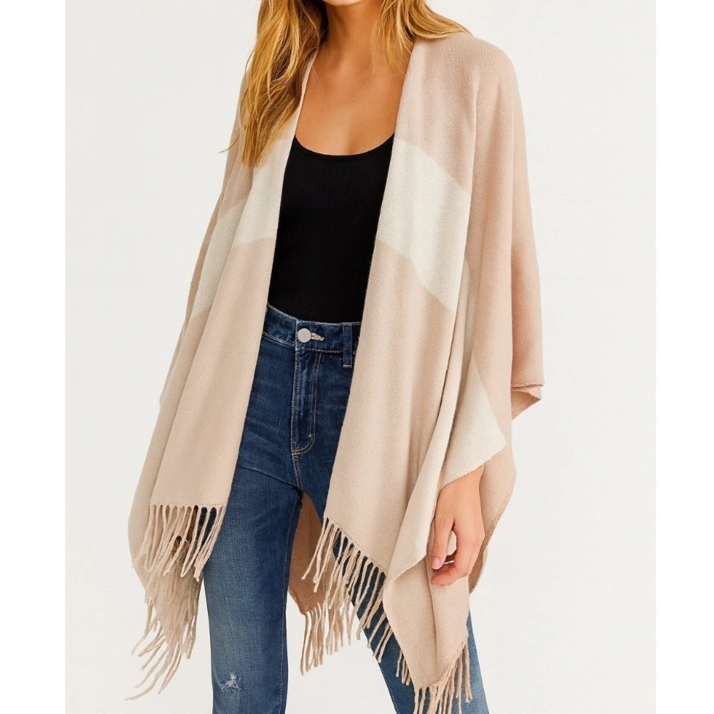Soia & Kyo Scarfigan Beige Cream Fringe Open Front Poncho Sweater
